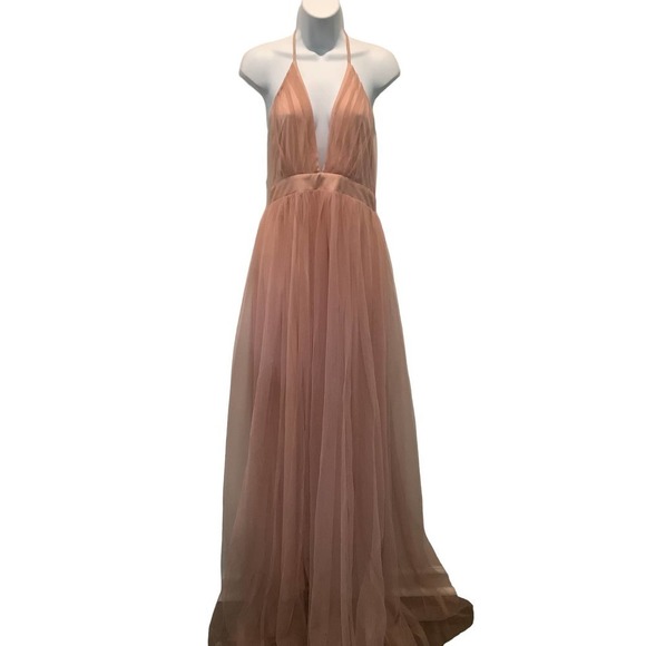 VELVI “SYNDEY” BLUSH LOW CUT FRONT OPEN BACK GODDESS GOWN L NWT - Picture 1 of 12